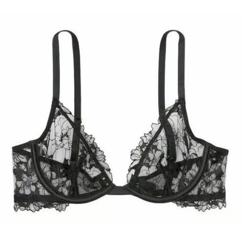 Victoria's Secret Unlined Demi Bra 34D Floral Mesh‎ Embroidered Black